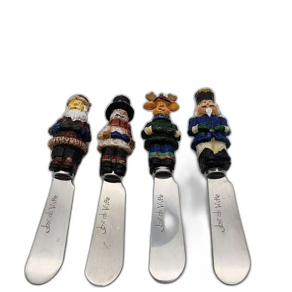 (4) Joie de Vivre Christmas Spreaders Knives Santa Reindeer Snowman Nutcracker